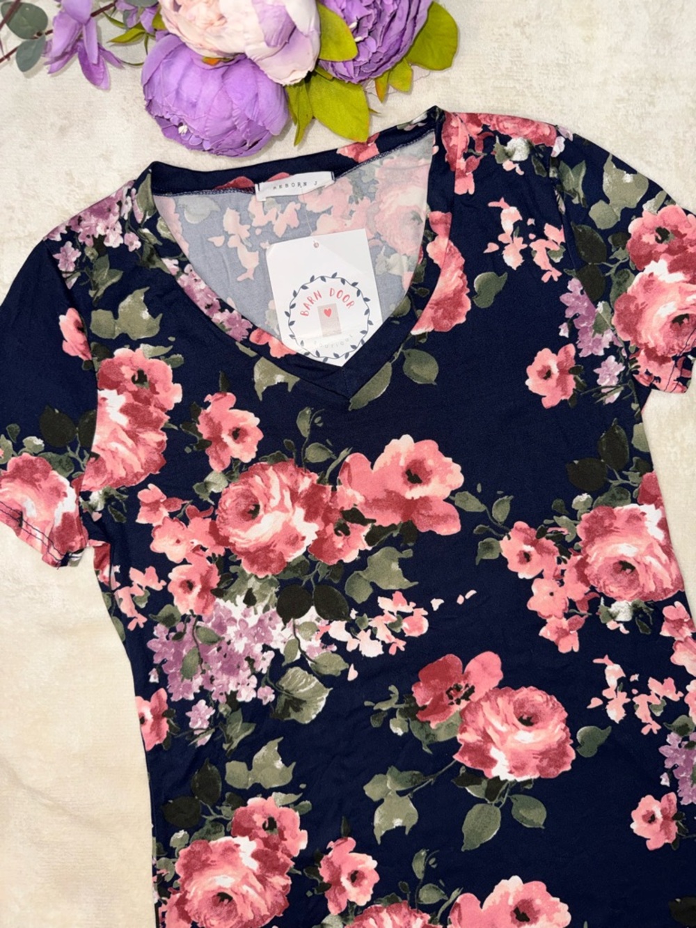 NWT Boutique Navy Floral Short Sleeve Top